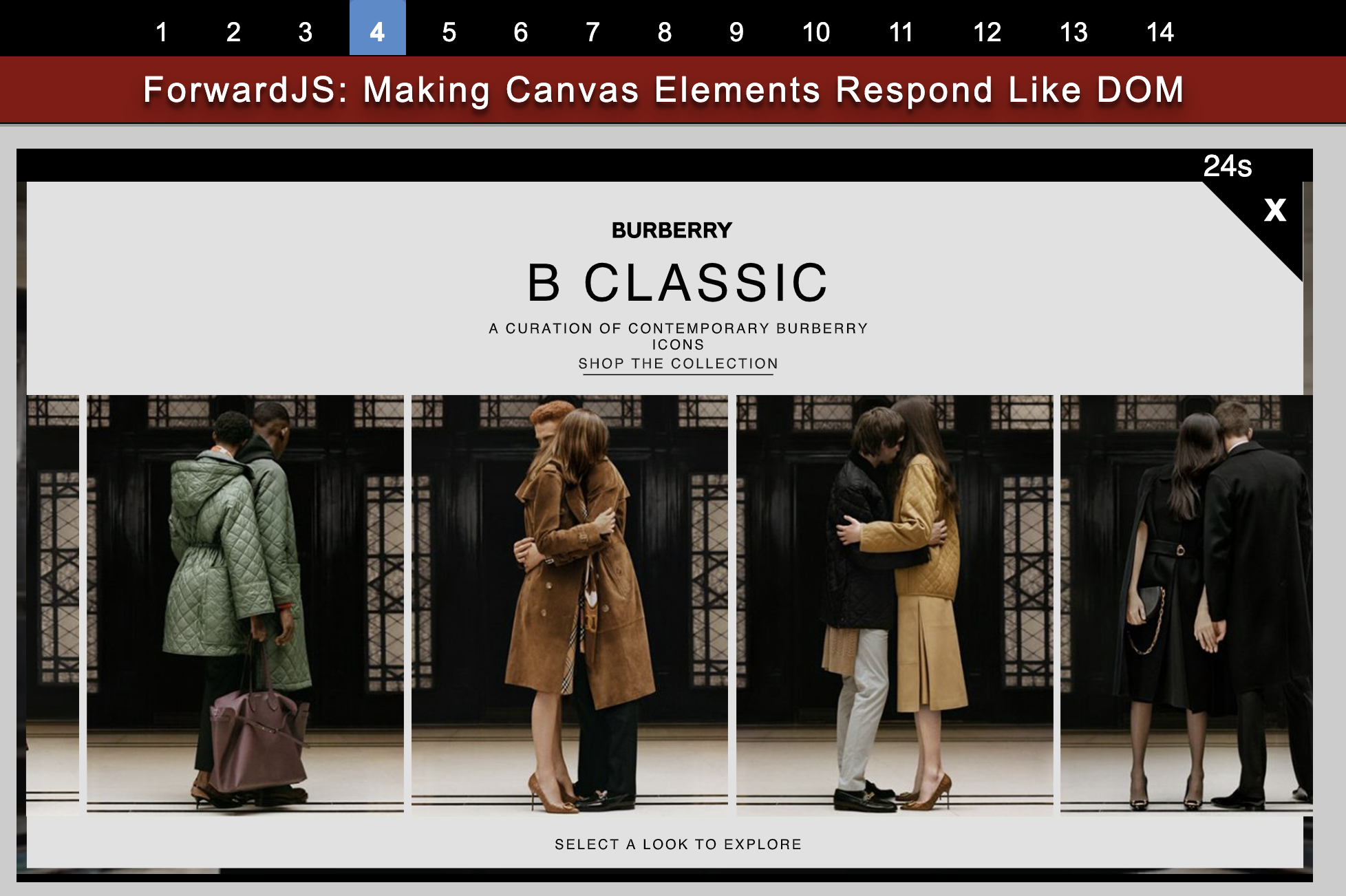 Screen shot of the ForwardJS Presentation page for the Burberry Video Ad