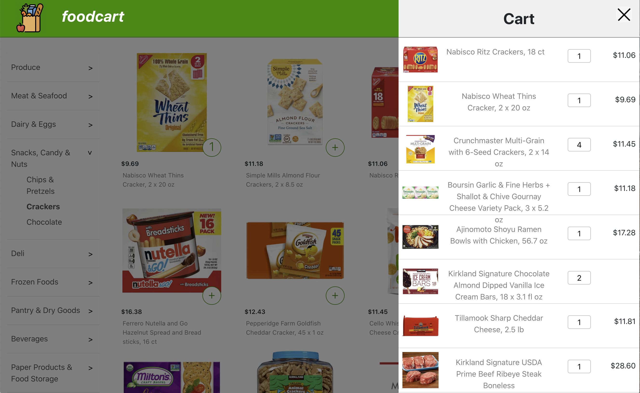 Screen shot of the foodcart application